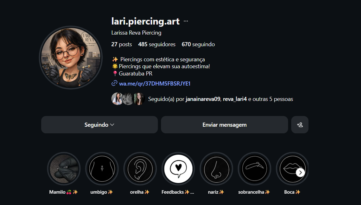 Perfil Instagram da body piercer Larissa Réva em Guaratuba